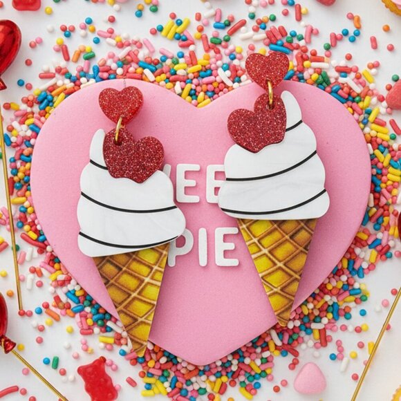 🆕️ Adorable Ice Cream Cone Drop Earrings with Glitter Hearts Fun & Trendy - Picture 1 of 16